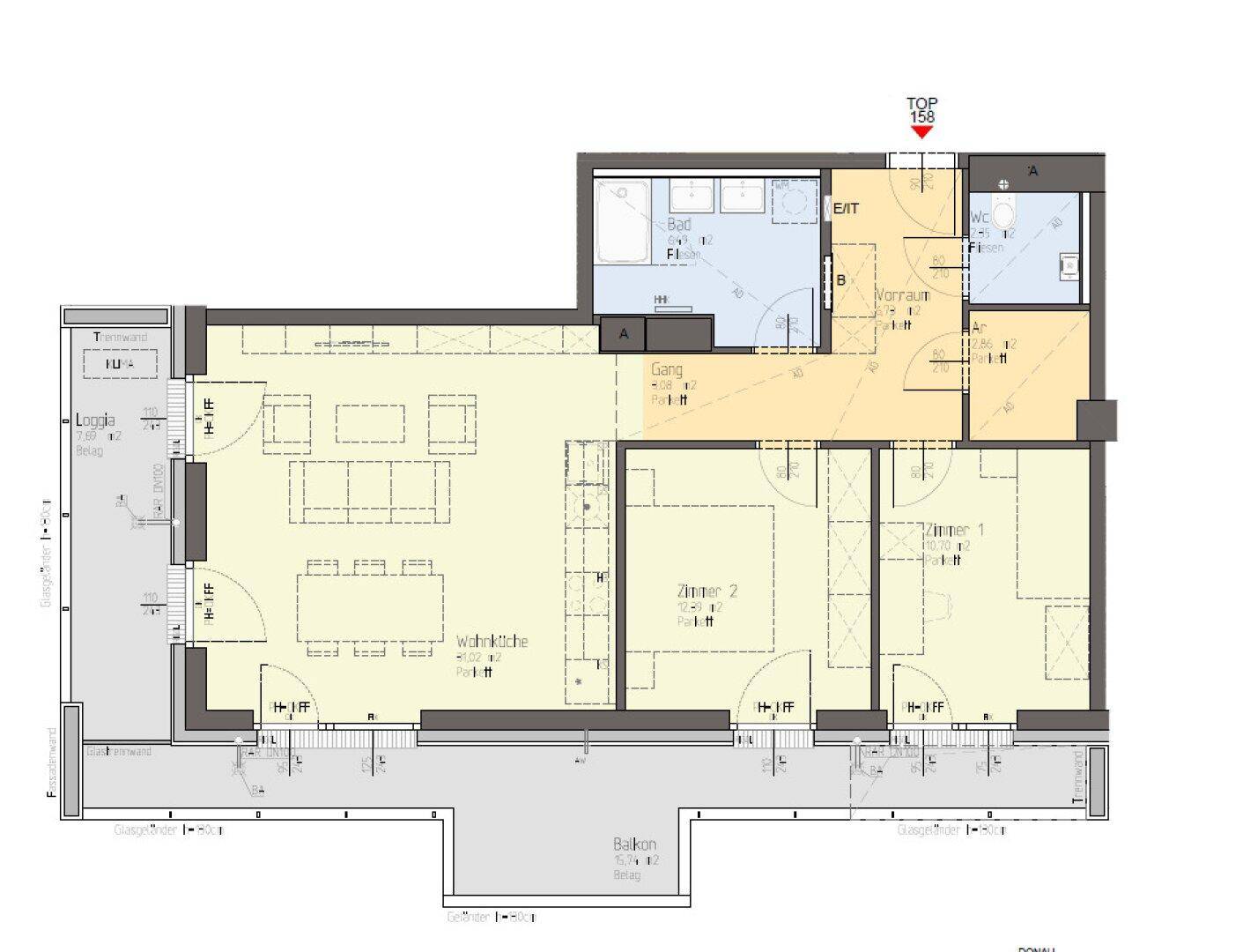 Detaillierter Grundriss einer Wohnung mit Loggia, Balkon und mehreren Zimmern.
