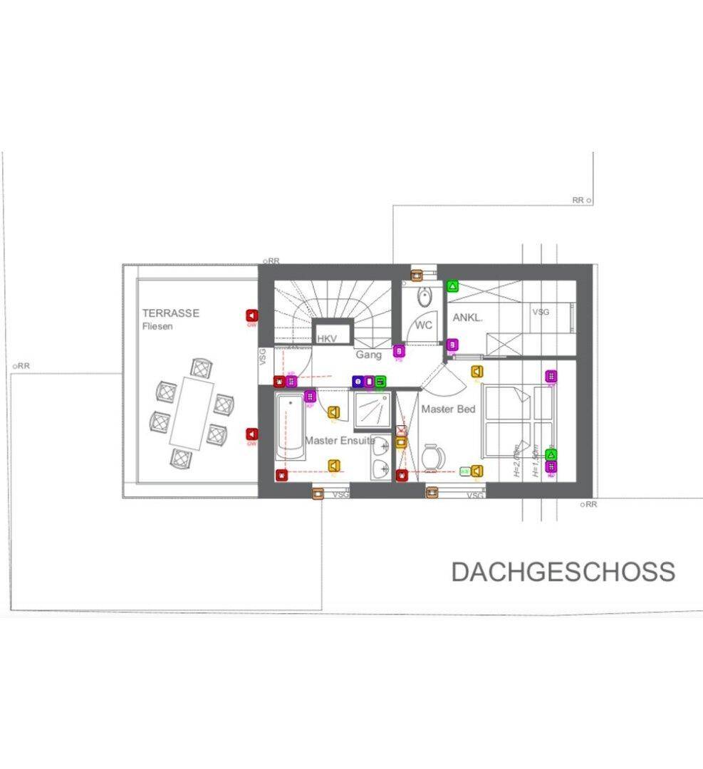 Grundriss des Dachgeschosses mit Hauptschlafzimmer, Bad und großer Terrasse.