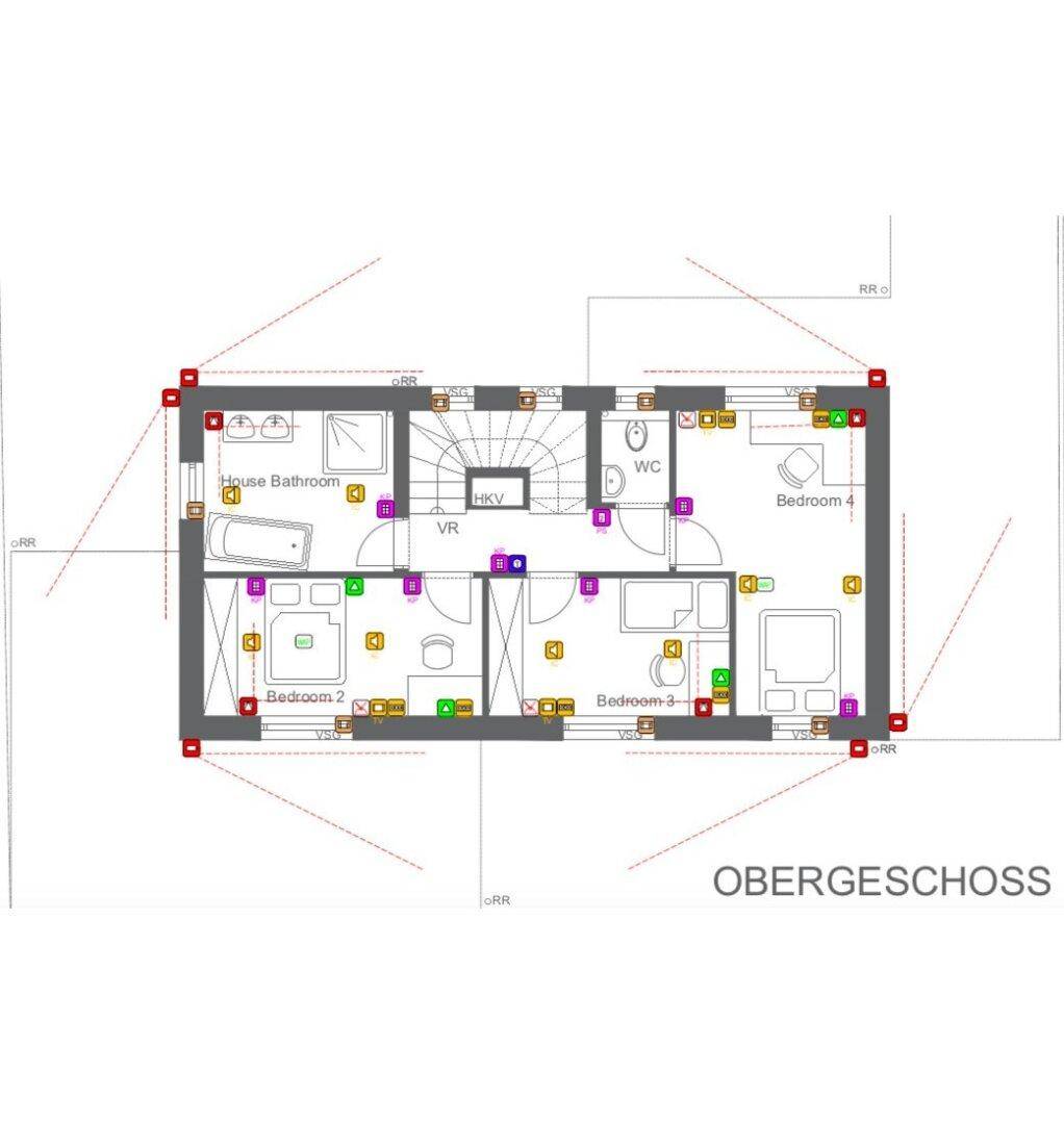 Grundriss des Obergeschosses mit vier Schlafzimmern und zwei Badezimmern.