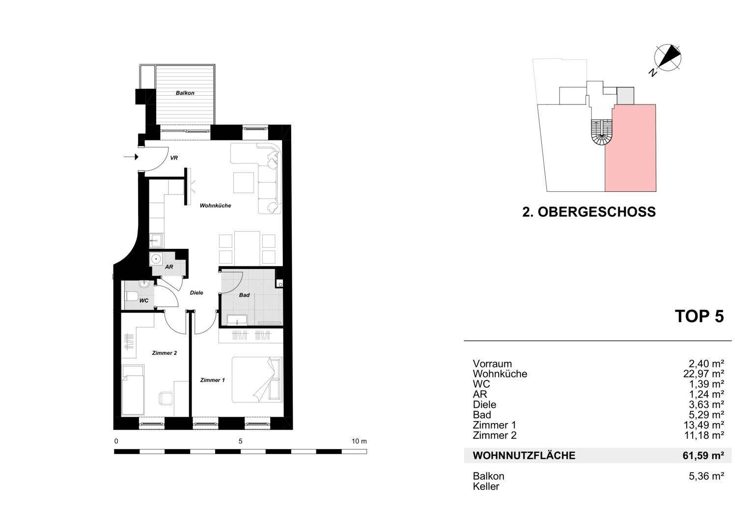 Grundriss des 2. Obergeschosses (TOP 5) mit offener Wohnküche, zwei Zimmern, Bad, WC und Balkon.
