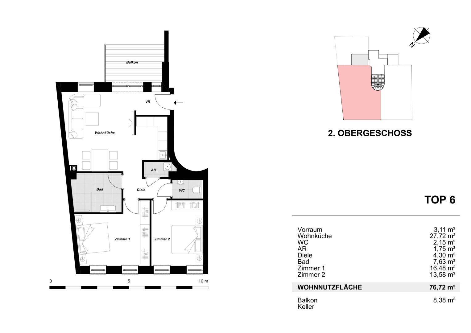 Grundriss des 2. Obergeschosses (TOP 6) mit offener Wohnküche, zwei Zimmern, Bad, WC und großem Balkon.