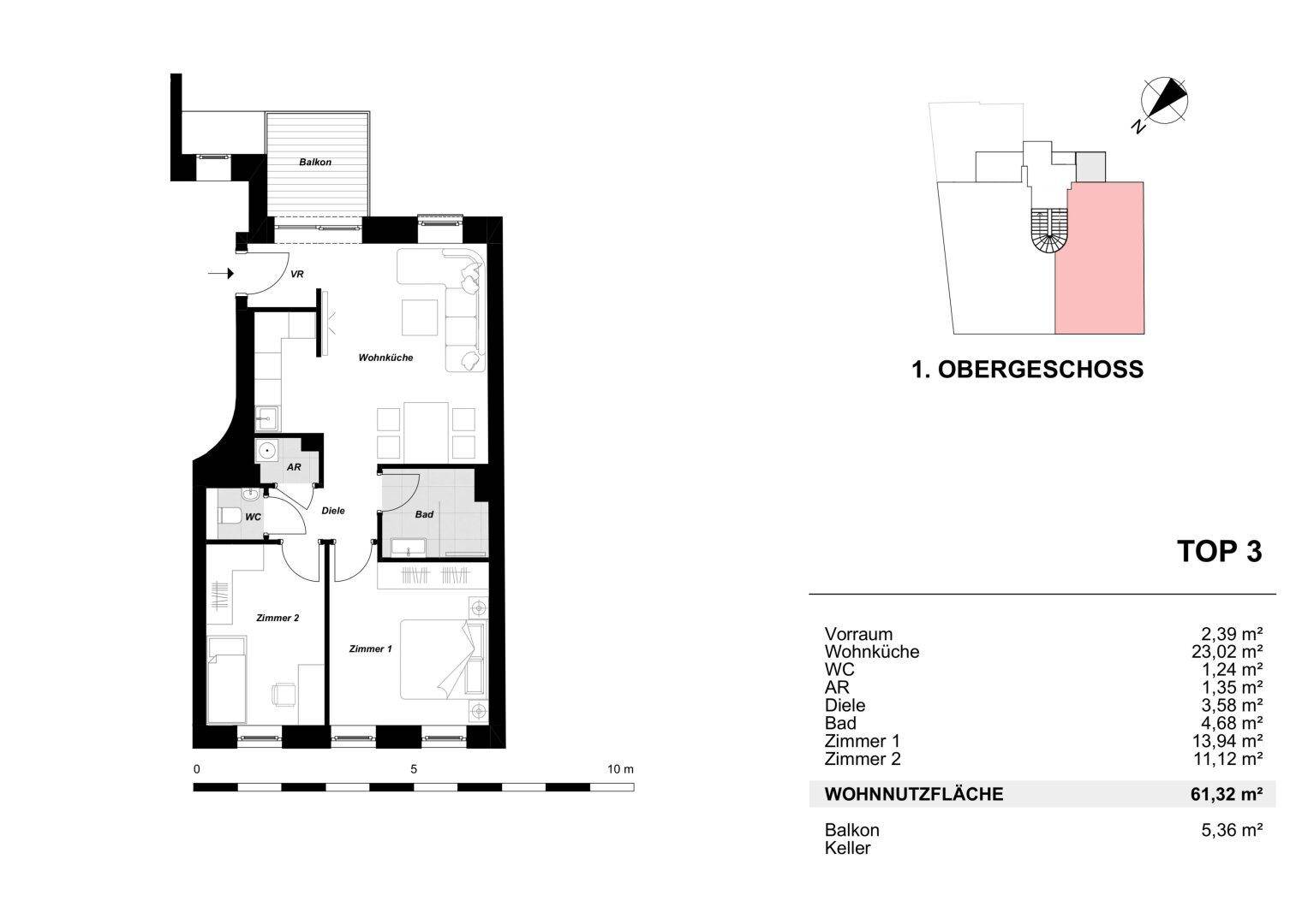 Grundriss des 1. Obergeschosses (TOP 3) mit offener Wohnküche, zwei Zimmern, Bad, WC und Balkon.