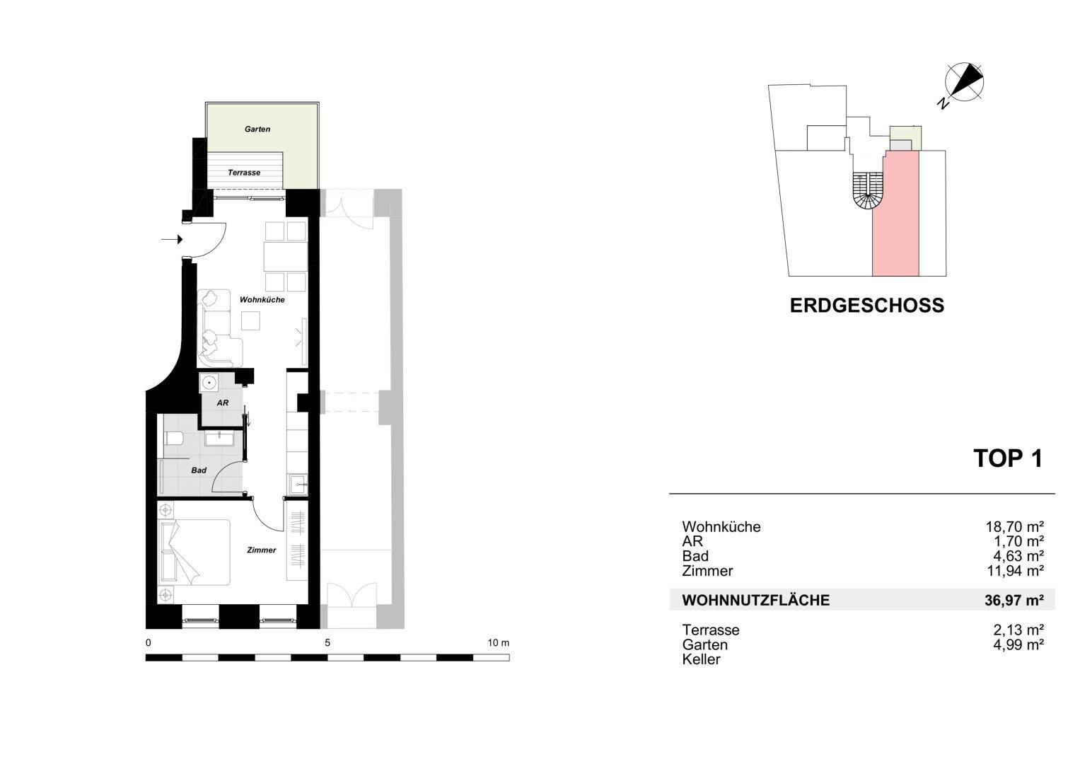 Grundriss des Erdgeschosses (TOP 1) mit offener Wohnküche, einem Zimmer, Bad, Terrasse und Garten.