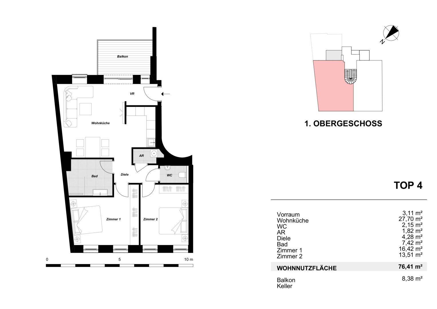 Grundriss des 1. Obergeschosses (TOP 4) mit offener Wohnküche, zwei Zimmern, Bad, WC und großem Balkon.