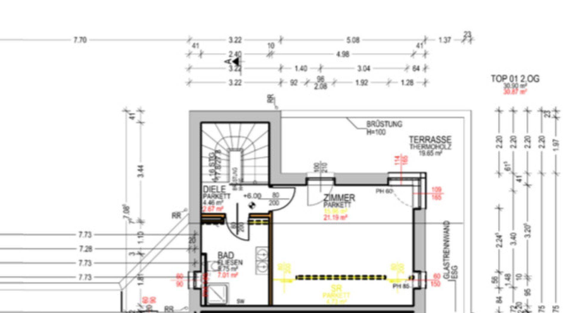 Grundriss des zweiten Obergeschosses mit Zimmer, Bad und großer Terrasse.