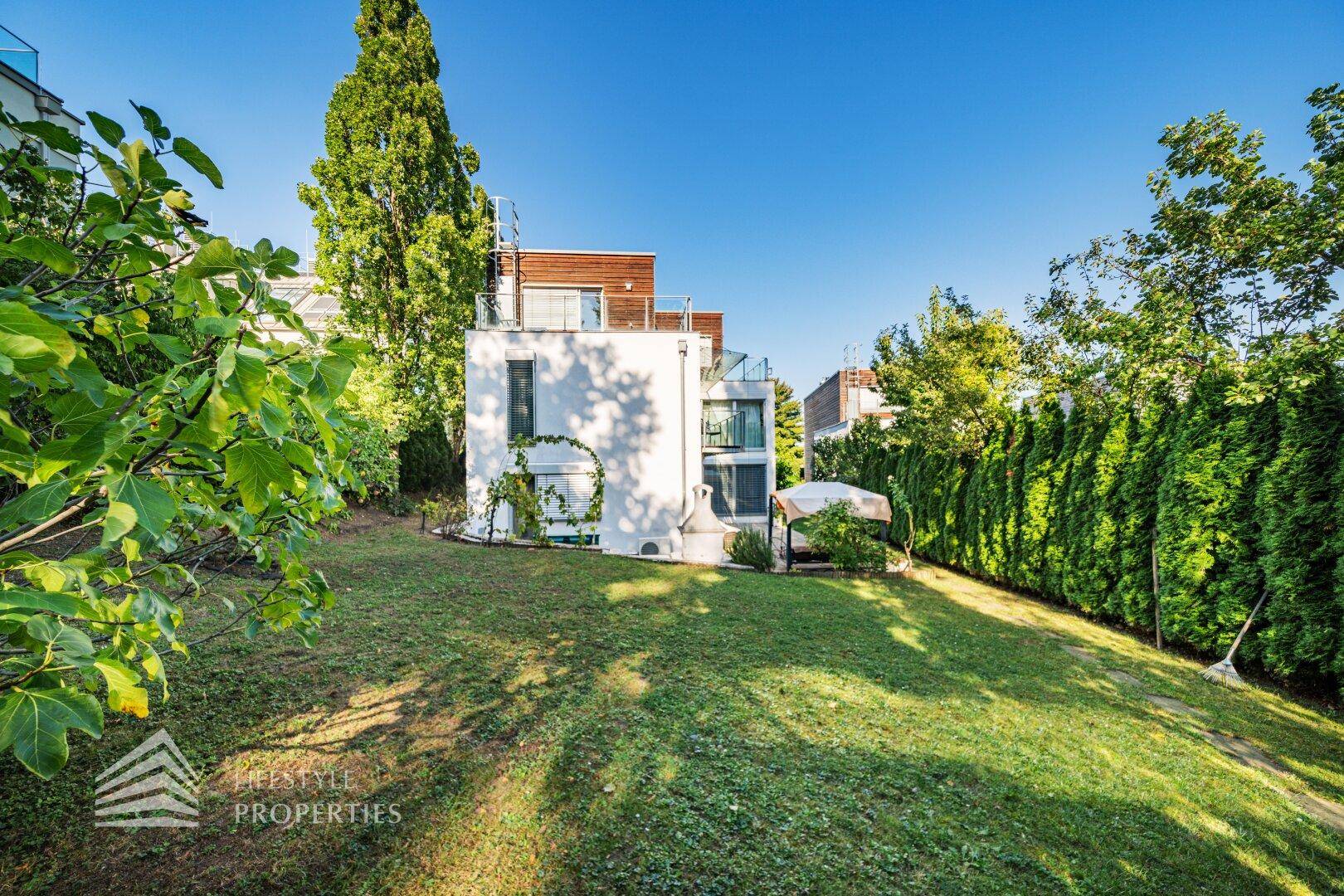 Weitläufiger Gartenbereich hinter dem Haus mit großer Rasenfläche und hohen Bäumen.