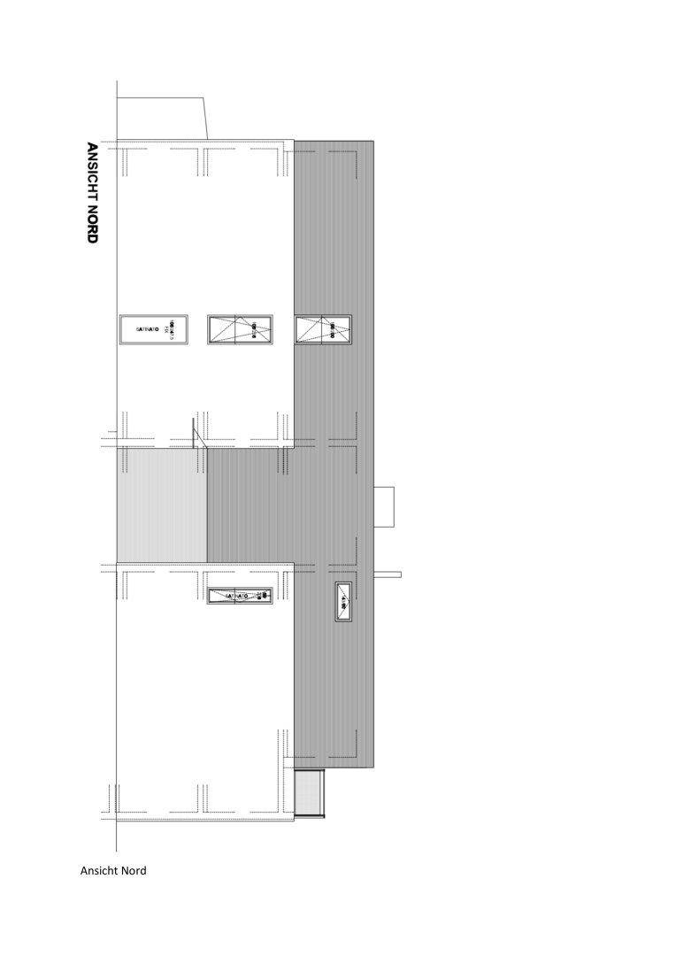 Nordansicht des Gebäudes mit Fensteranordnung und Fassadendetails.