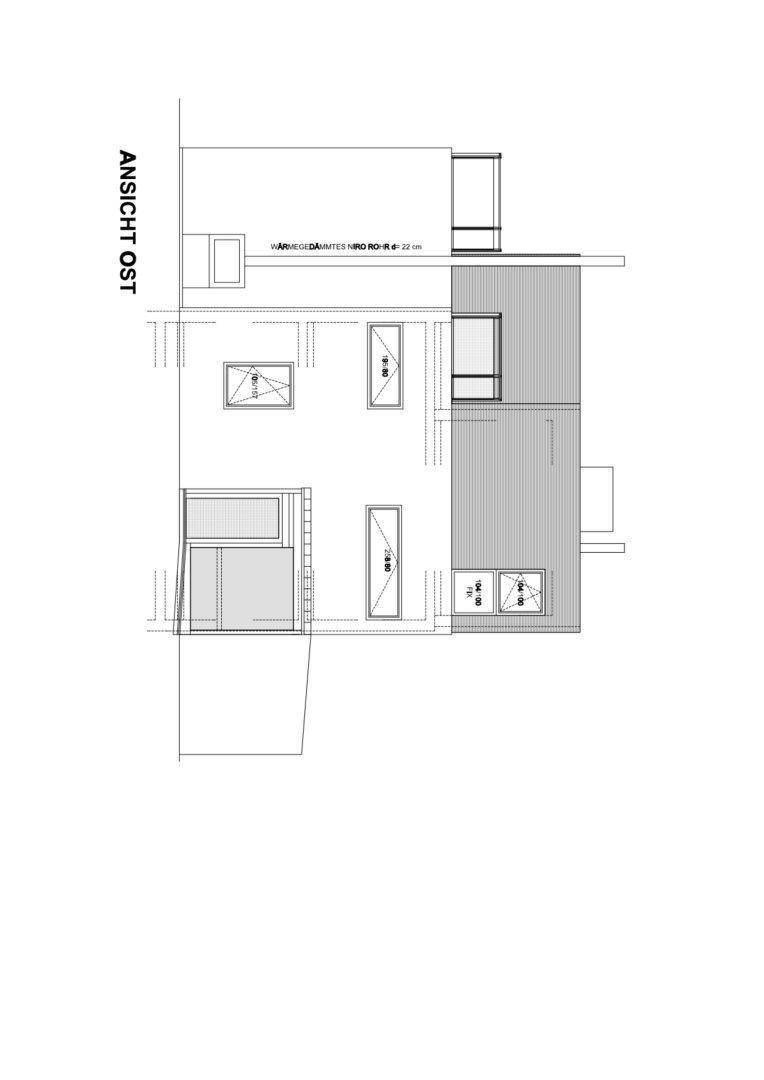 Ostansicht des Gebäudes mit reduzierten Fensterflächen und klaren Linien.