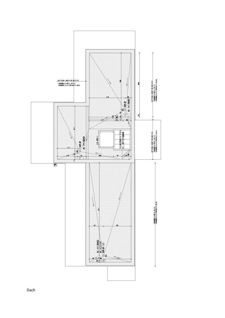 Dachaufsicht des Gebäudes mit Dachflächen und technischen Installationen.