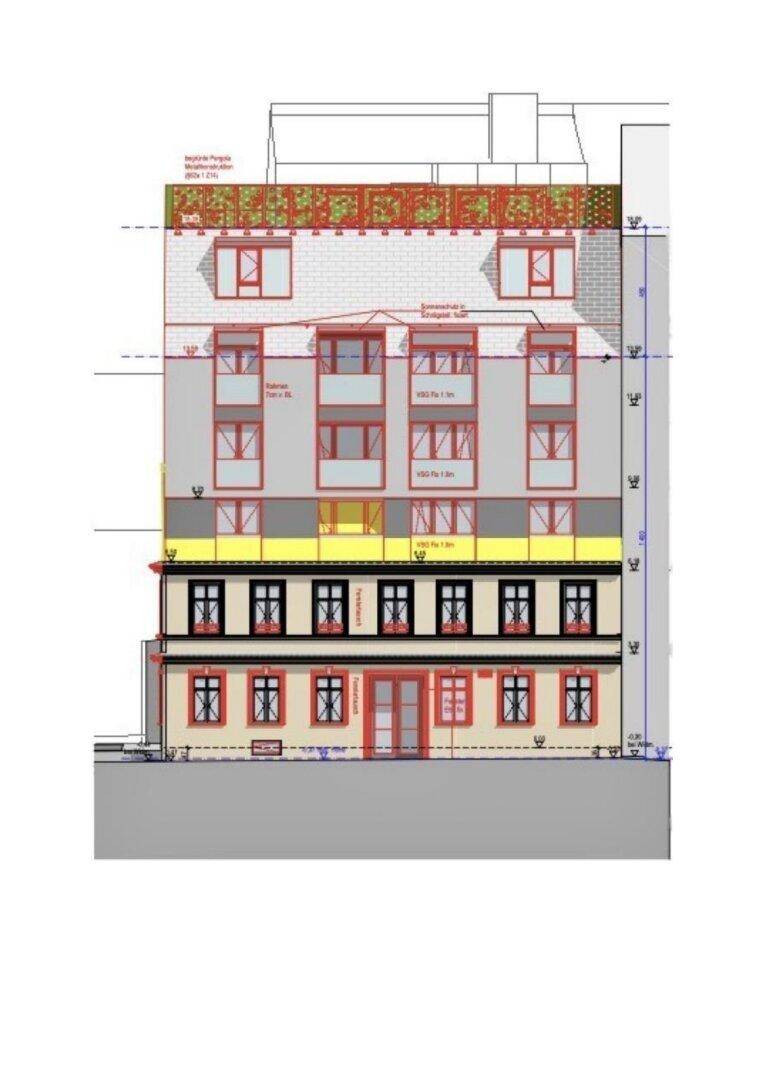 Vorderansicht des Gebäudes mit geplanten Balkonen und Dachterrasse.