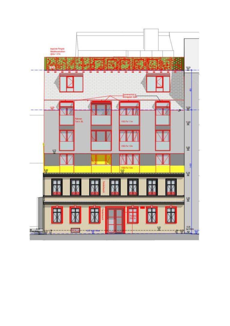 Vorderansicht des Gebäudes mit geplanten Balkonen und Dachterrasse.