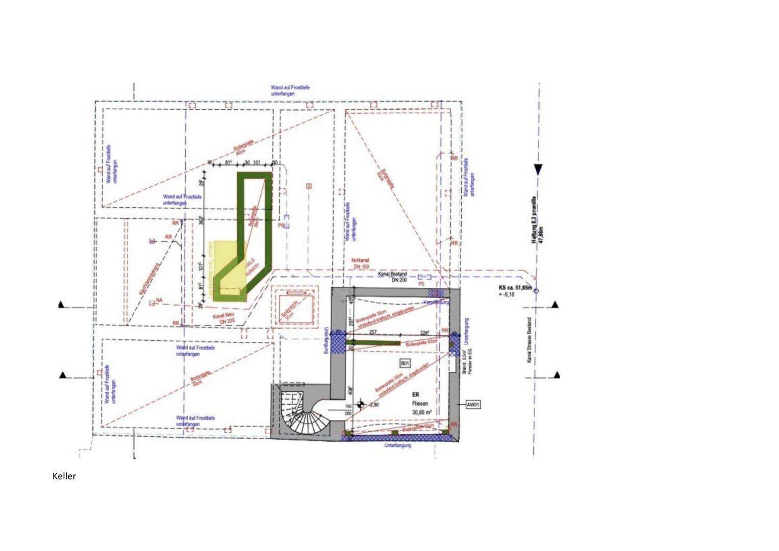 Grundriss des Kellergeschosses mit Treppenhaus und Abstellräumen.