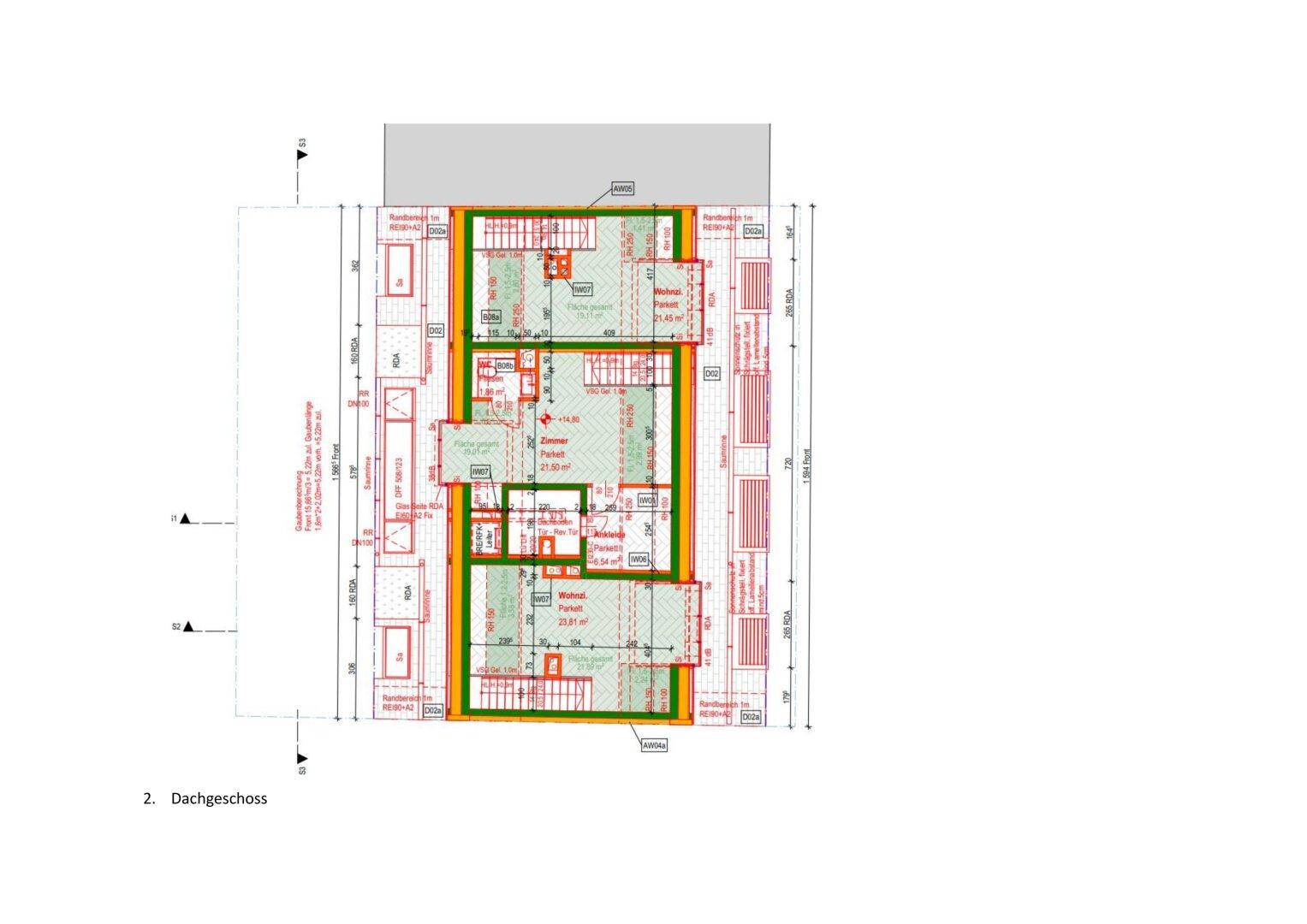 Grundriss des zweiten Dachgeschosses mit Wohnungen und Dachschrägen.