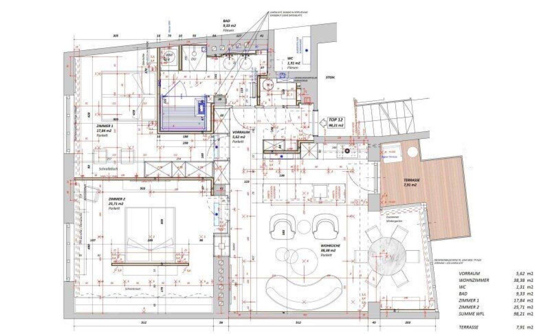 Detaillierter Grundriss der Wohnung mit Raumaufteilung und Terrassenzugang.