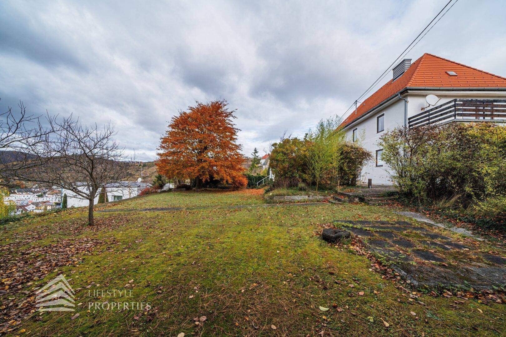 Großer Garten mit Herbstlaub, altem Baum und weitem Blick auf die Umgebung.