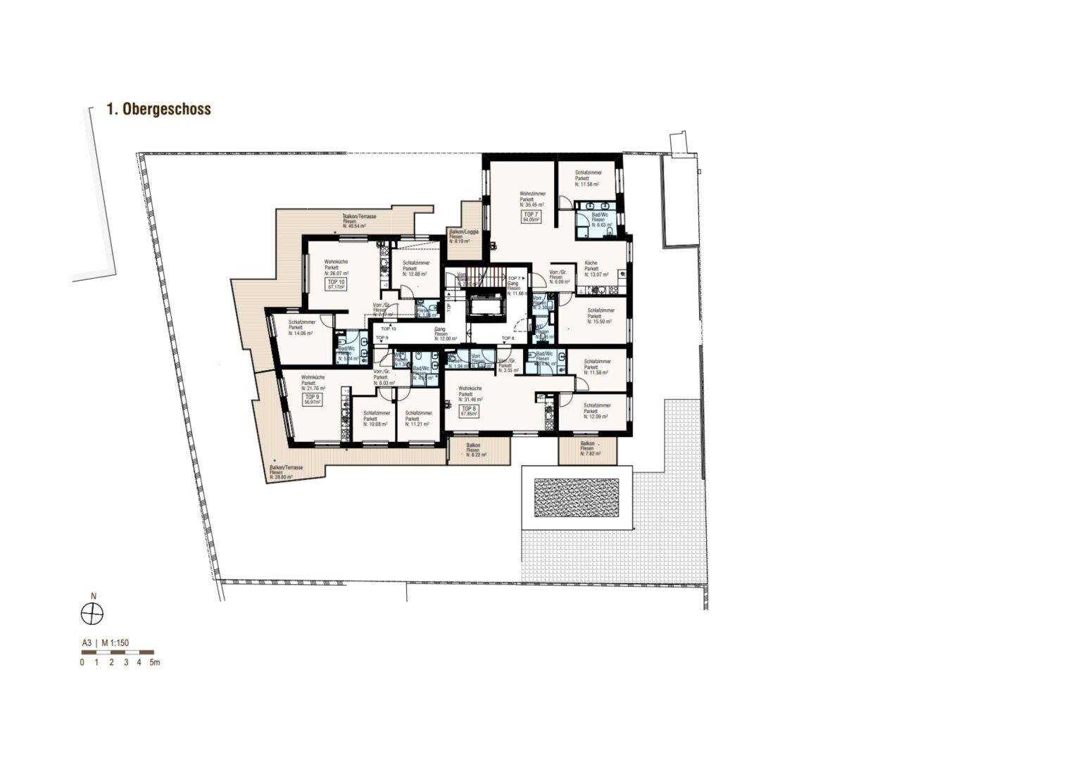 Grundriss des ersten Obergeschosses mit Wohnungen, Balkonen und Terrassen.