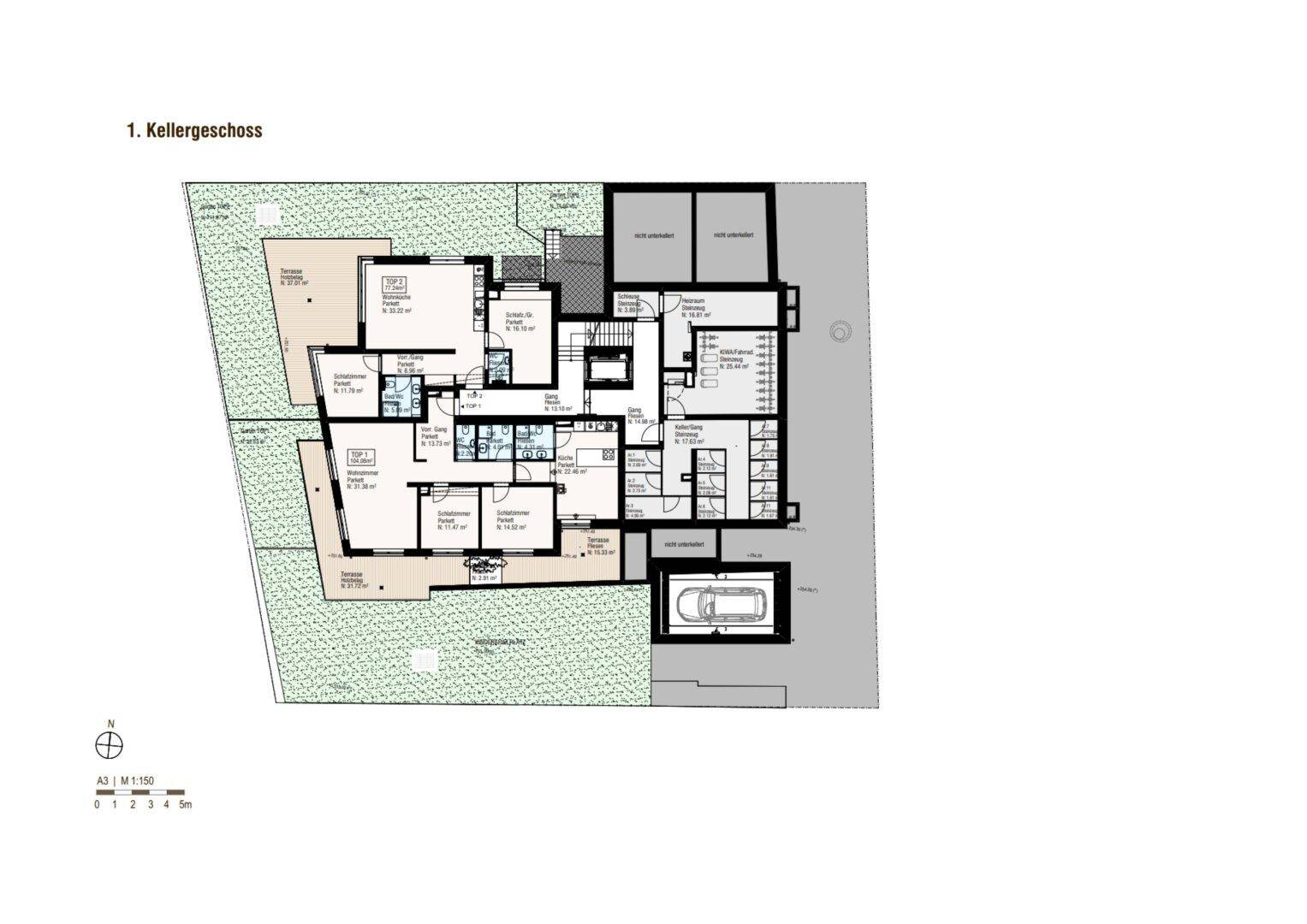 Grundriss des ersten Kellergeschosses mit Wohnungen, Terrassen und Garagenzufahrt.