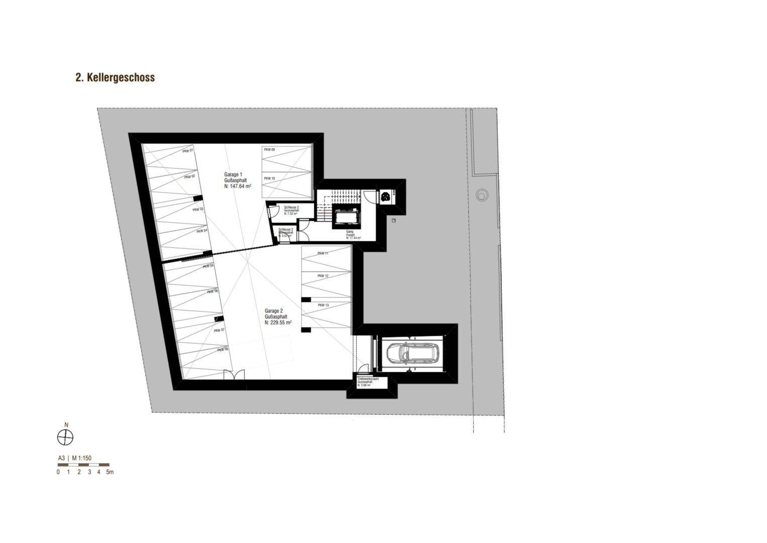 Grundriss des zweiten Kellergeschosses mit Tiefgaragenstellplätzen.