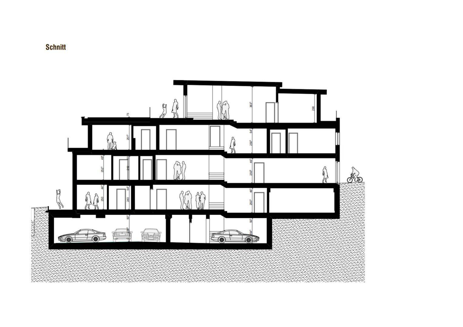 Architektonischer Schnittplan des Gebäudes mit mehreren Etagen und Tiefgarage.