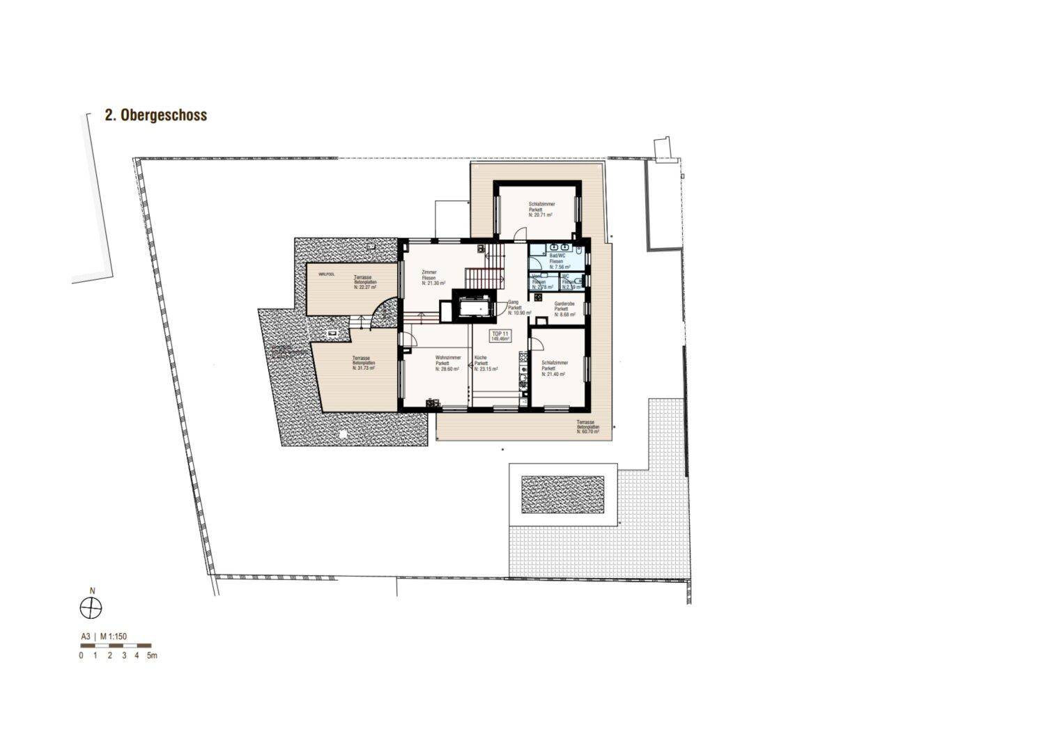 Grundriss des zweiten Obergeschosses mit Dachterrassen und Wohnbereichen.