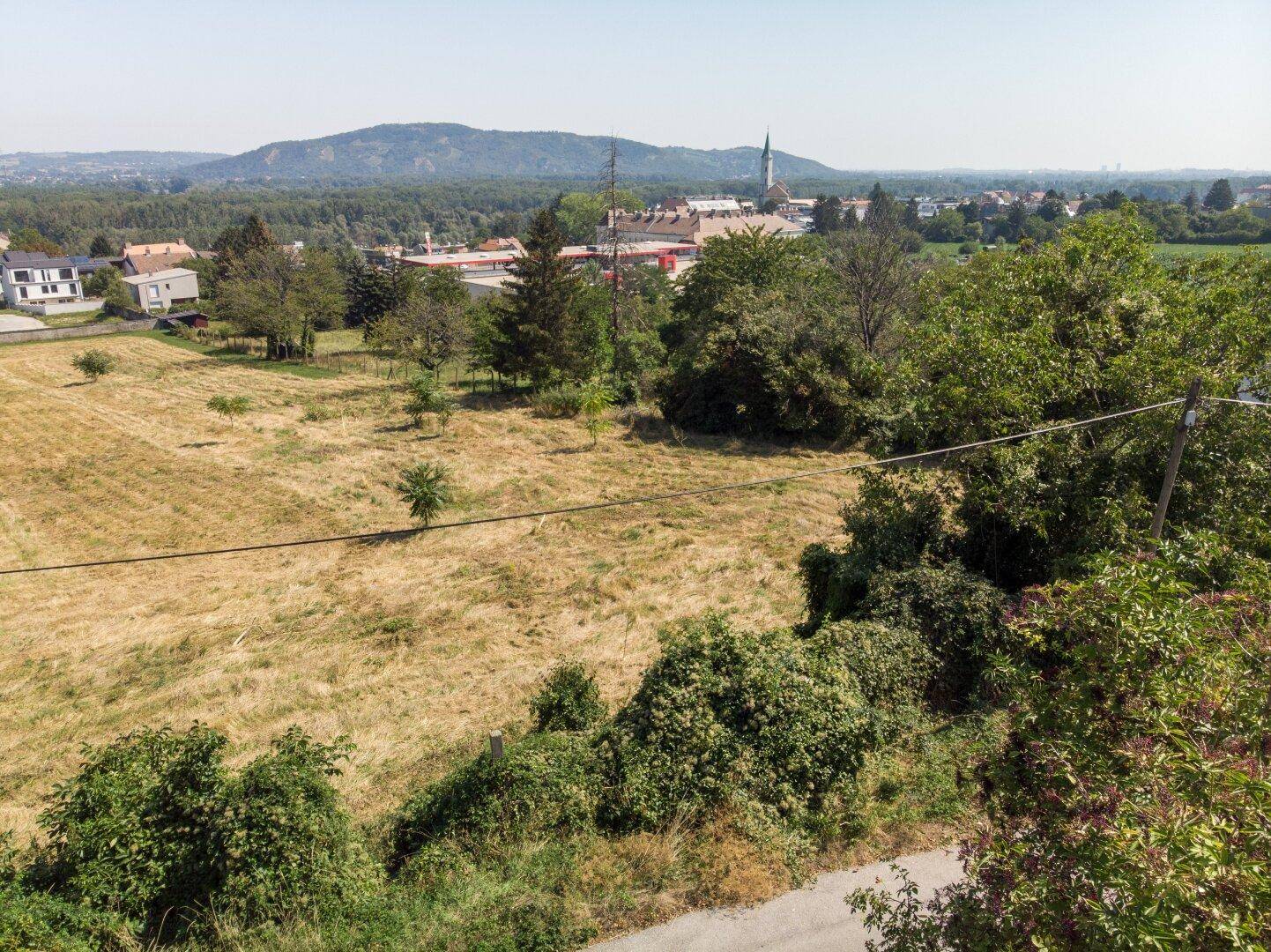 Großes Grundstück umgeben von üppigem Grün mit Fernblick auf die Stadt.
