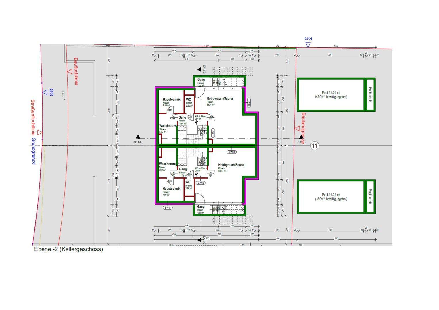 Grundriss des Kellergeschosses mit Hobbyraum, Sauna, WC und Haustechnik.