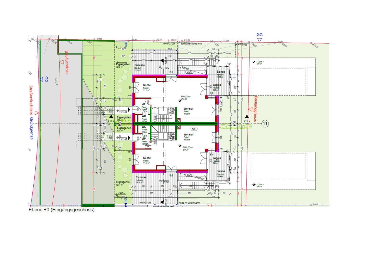 Grundriss des Eingangsgeschosses mit Küche, Wohnzimmer, WC, Loggia, Balkon und Terrasse.