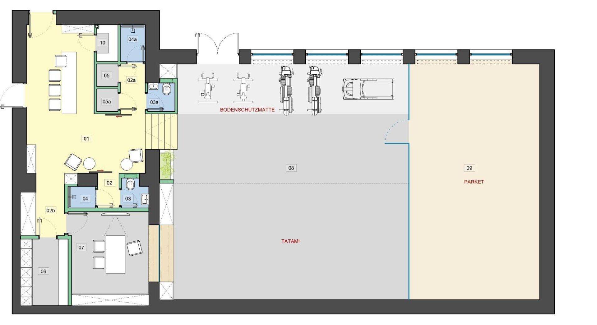 Detaillierter Grundriss mit verschiedenen Funktionsbereichen und klarer Raumaufteilung, inklusive Garage.