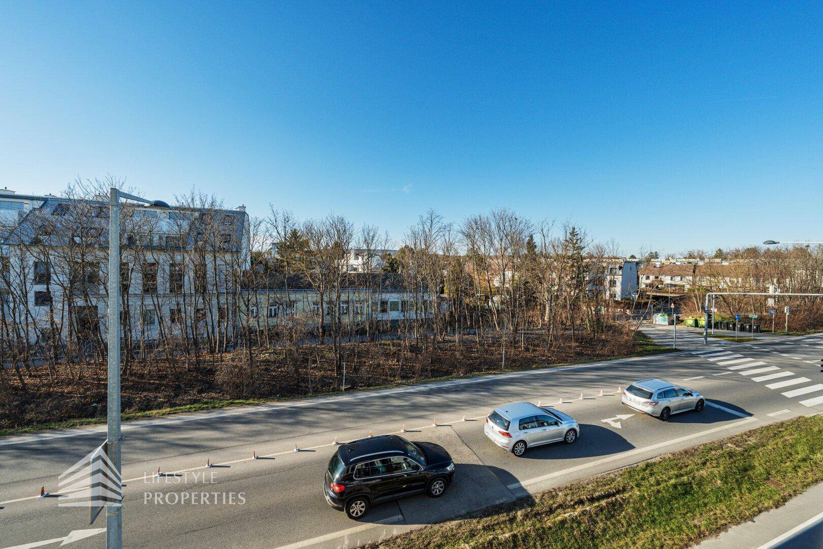 Blick von oben auf eine belebte Straße mit Bäumen und Gebäuden im Hintergrund unter blauem Himmel.