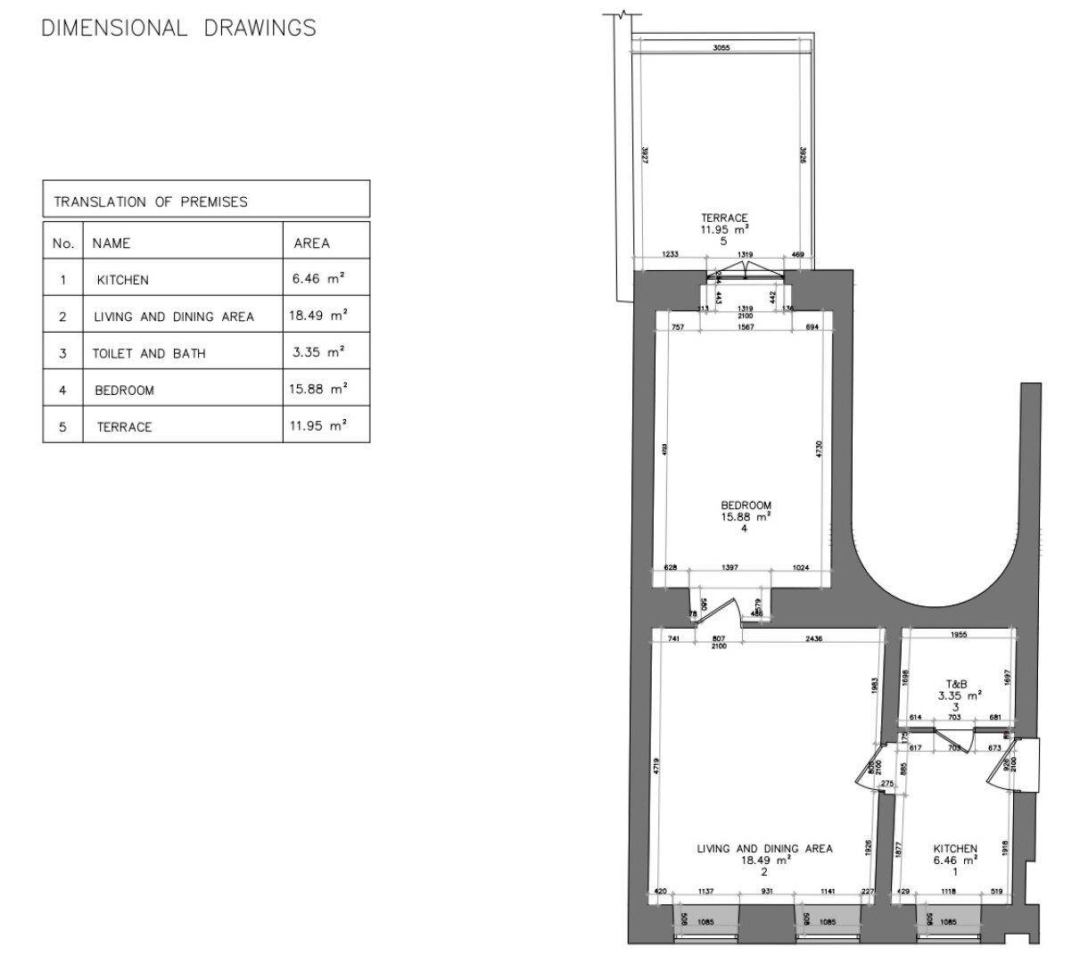 Grundriss einer Wohnung mit offener Küche, Wohn-Essbereich, Schlafzimmer und Terrasse.