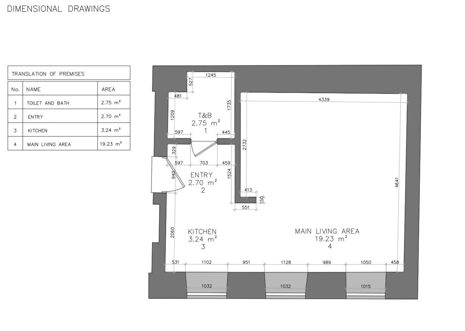 Grundriss einer kompakten Wohnung mit Küche, Hauptwohnbereich und Badezimmer.