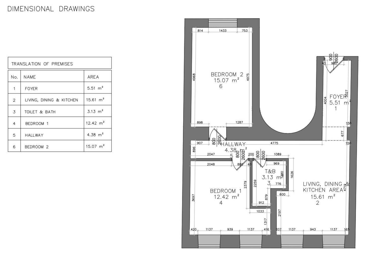 Grundriss einer Wohnung mit offenem Wohn-Ess-Küchenbereich und zwei Schlafzimmern.
