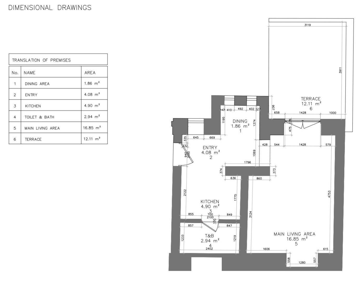 Grundriss einer Wohnung mit separatem Essbereich, Küche, Wohnzimmer und Terrasse.