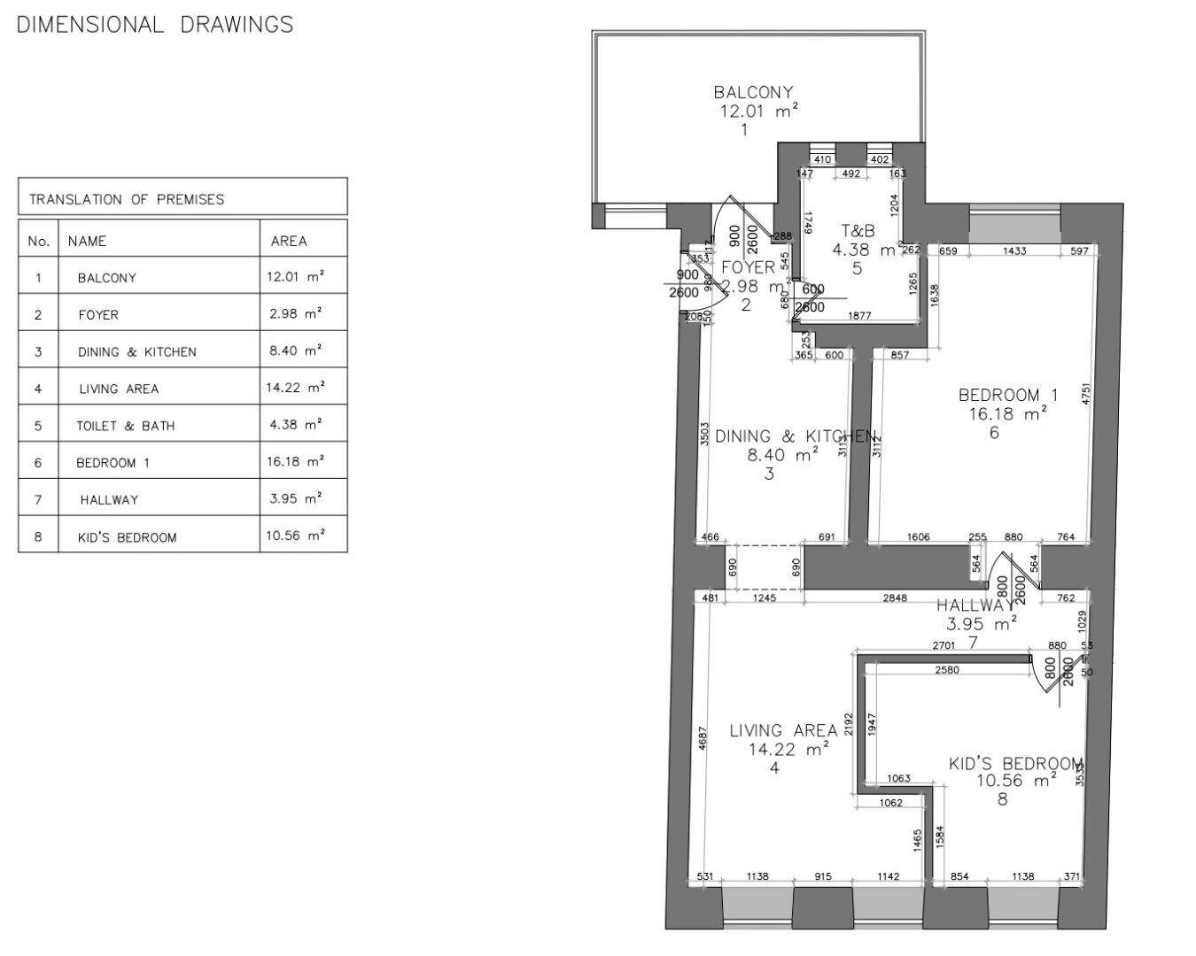 Grundriss einer Familienwohnung mit Balkon, offenem Ess-Küchenbereich und zwei Schlafzimmern.