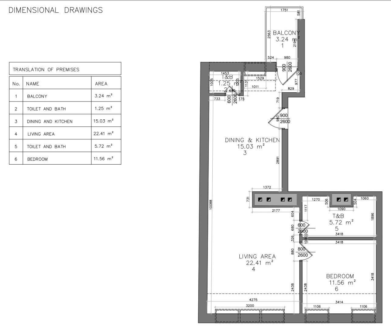 Grundriss einer Wohnung mit Balkon, offenem Ess-Küchenbereich, Wohnzimmer und zwei Bädern.