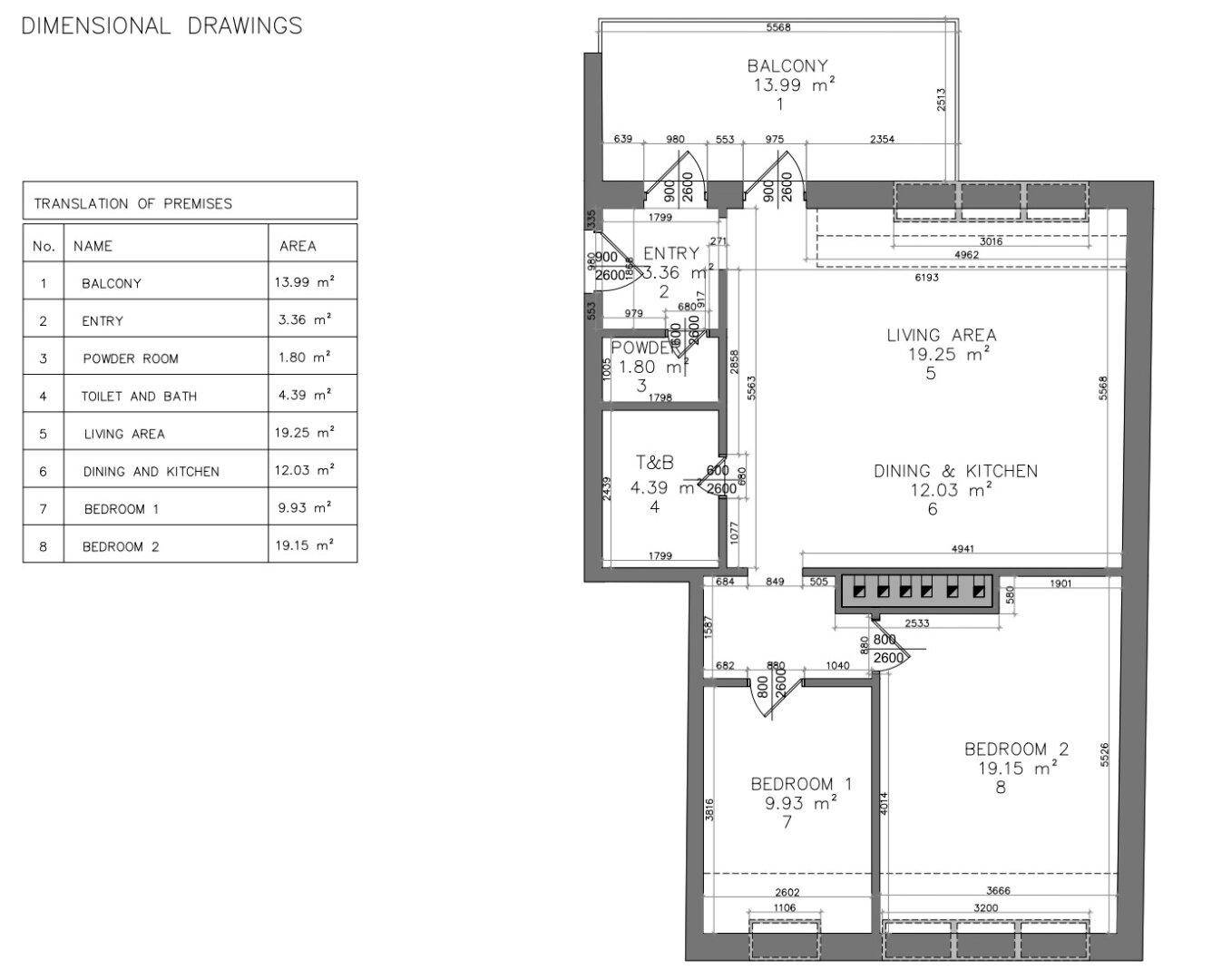 Grundriss einer Wohnung mit Balkon, Gäste-WC, offenem Wohn-Ess-Küchenbereich und zwei Schlafzimmern.
