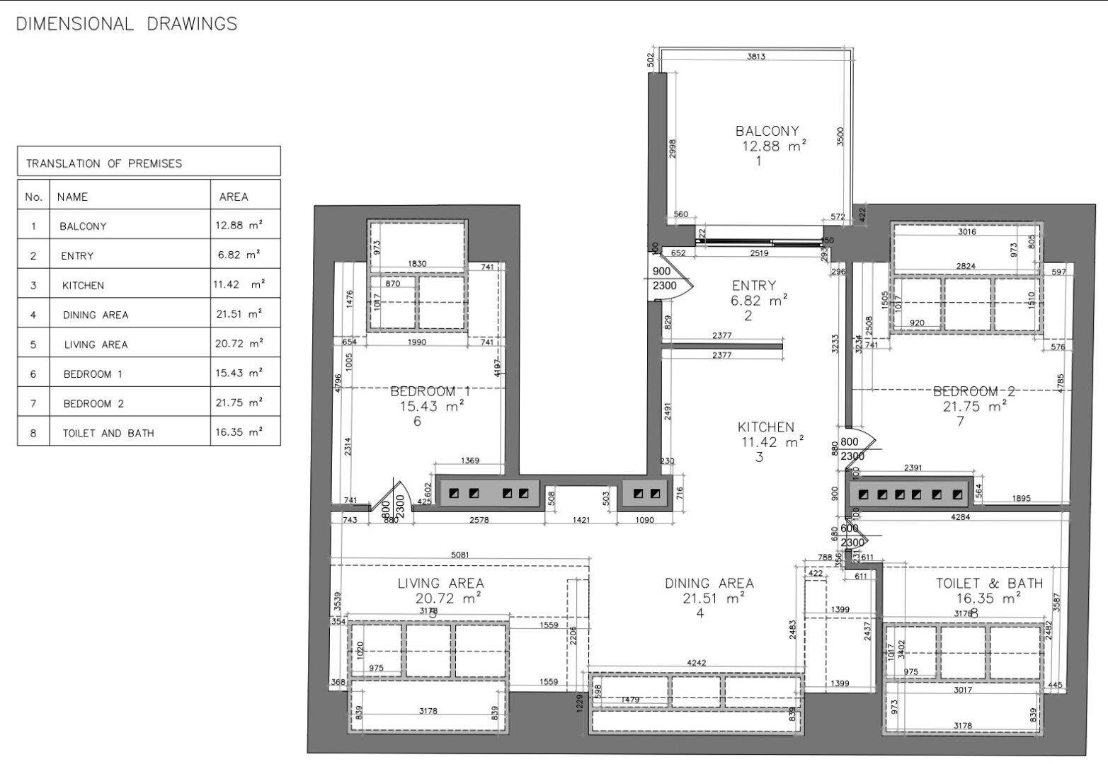 Grundriss einer geräumigen Wohnung mit Balkon, separater Küche, Essbereich und zwei Schlafzimmern.