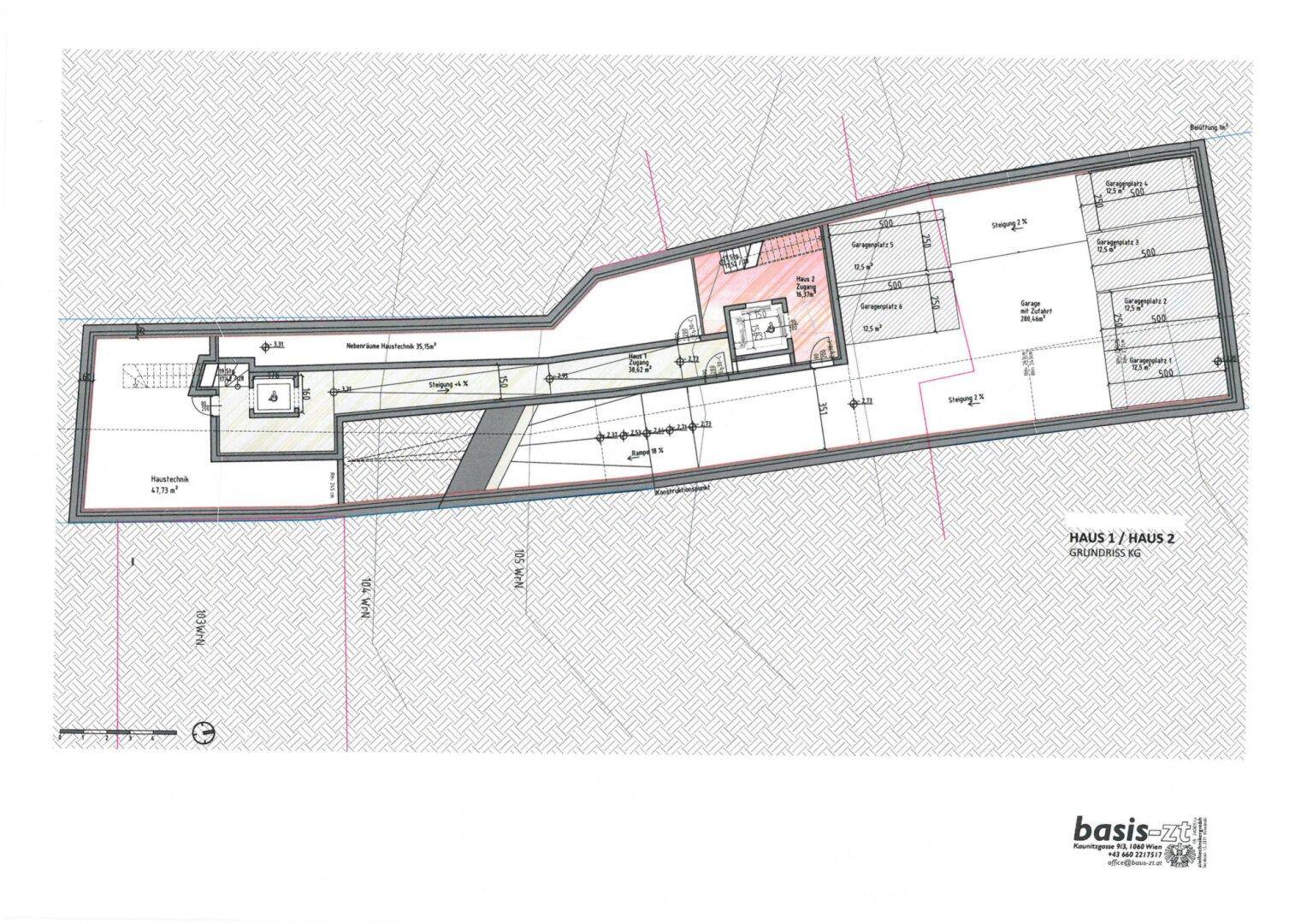 Grundriss des Untergeschosses mit Garagenplätzen und zusätzlichen Abstellräumen.
