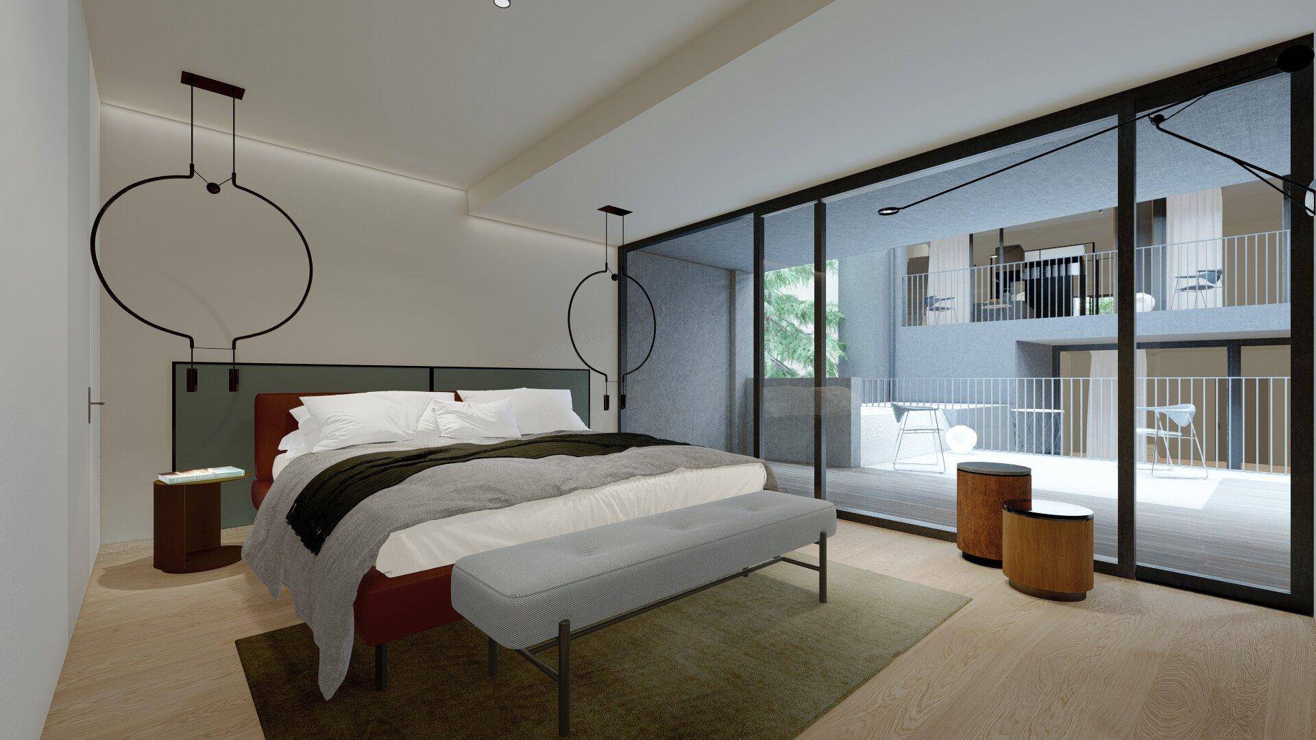 Modernes Schlafzimmer mit großen Glasschiebetüren, die zu einem Balkon mit Blick auf die Umgebung führen.