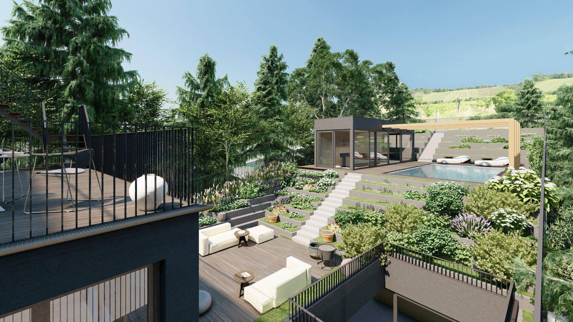 Weitläufige Außenansicht eines modernen Anwesens mit Pool, mehreren Terrassen und üppiger Vegetation.