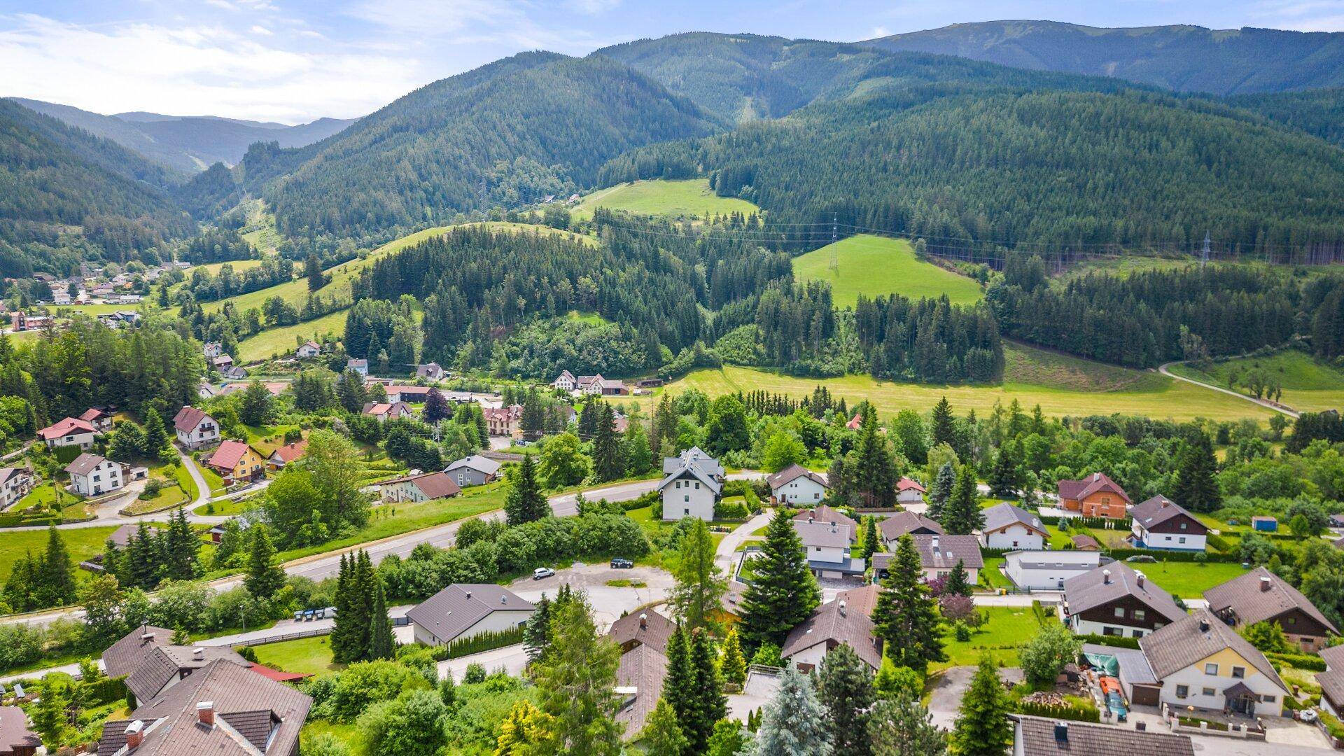 Malerische Luftaufnahme einer Siedlung in einer grünen Berglandschaft mit vielen Bäumen.