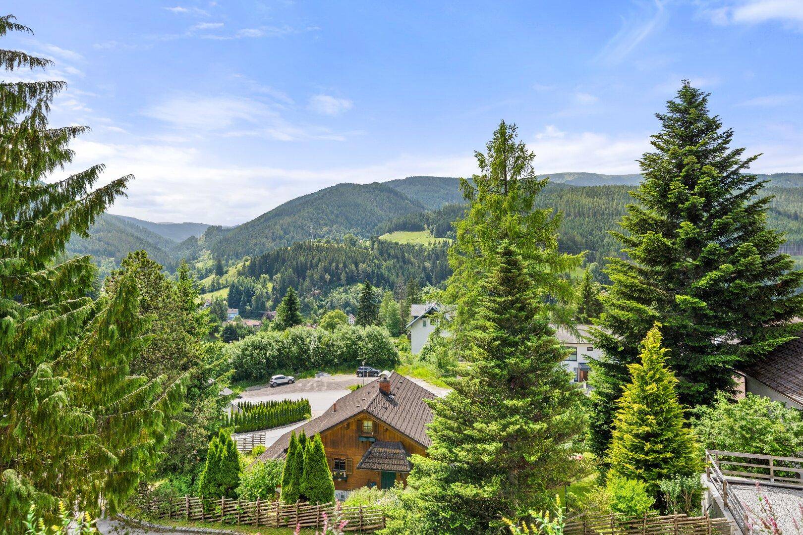 Malerischer Blick auf die grüne Berglandschaft mit verstreuten Häusern unter blauem Himmel.