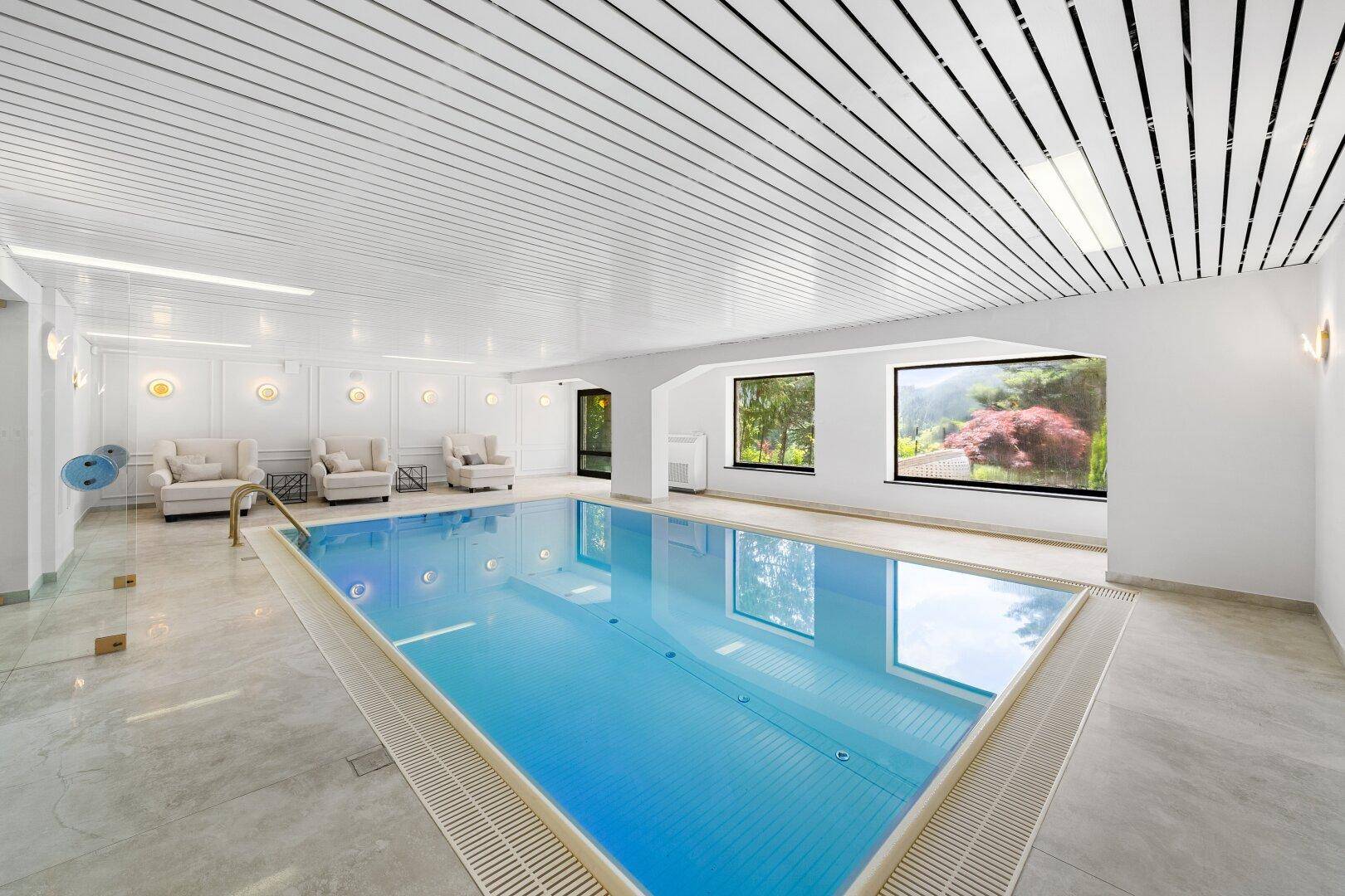 Geräumiger Innenpool mit moderner Deckenverkleidung und Blick auf die Landschaft.