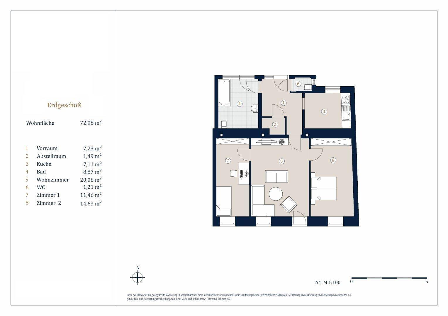 Grundriss des Erdgeschosses mit Wohnzimmer, Küche, Bad und zwei Zimmern.