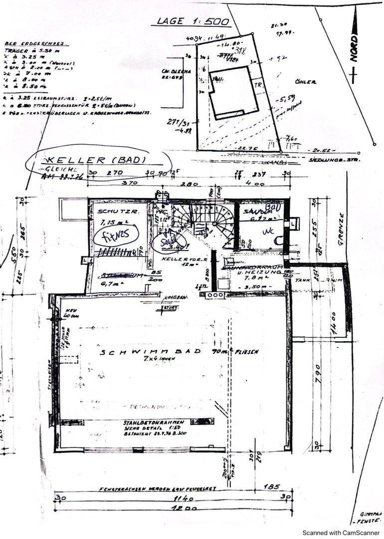 Grundriss des Kellergeschosses mit Schwimmbad, Sauna und weiteren Räumen.