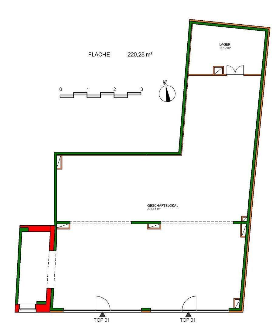 Grundriss eines Geschäftslokals mit offenem Layout und einem separaten Lagerbereich.