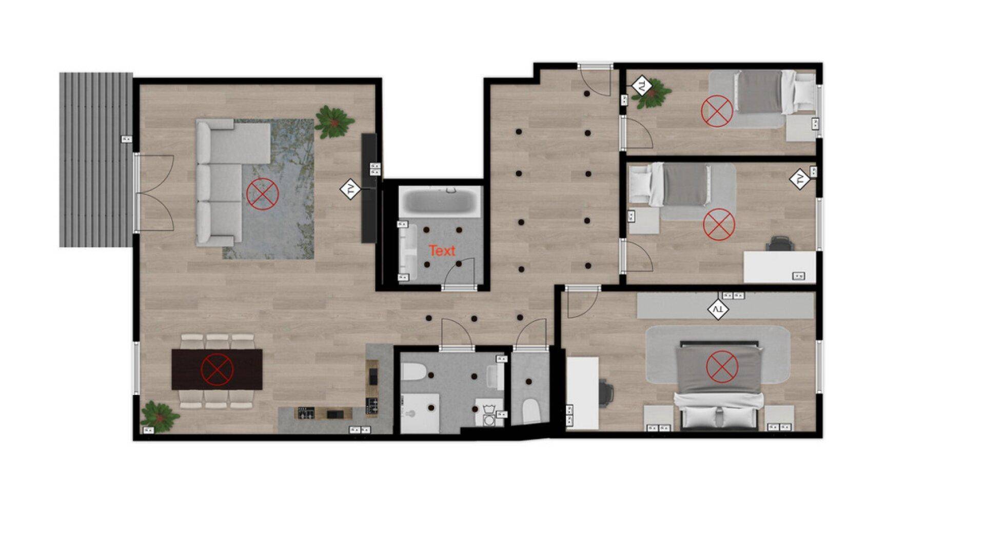 Grundriss der Wohnung mit drei Schlafzimmern, offenem Wohnbereich und Balkon.