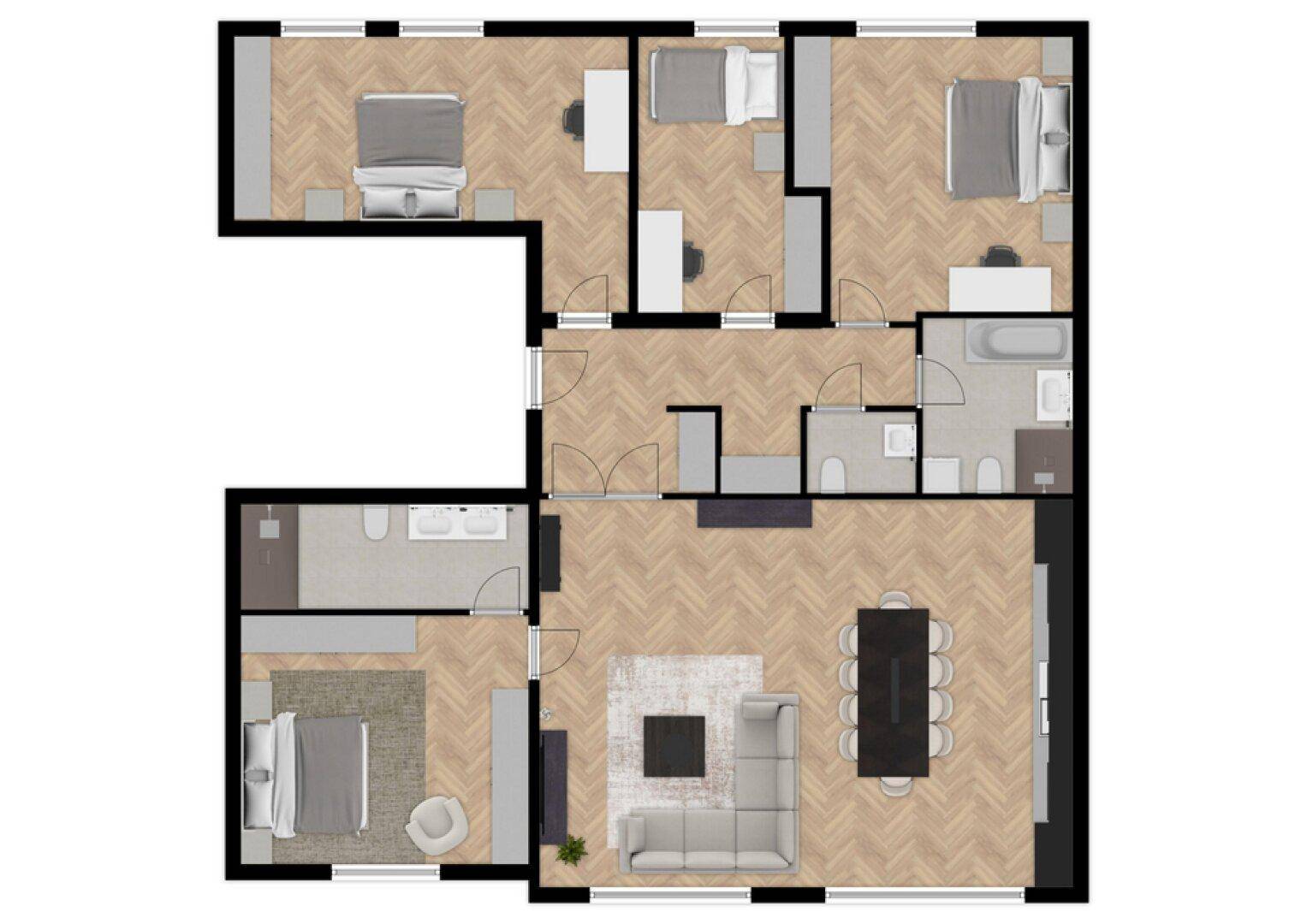 Grundriss der Wohnung mit vier Schlafzimmern und offenem Wohnbereich.