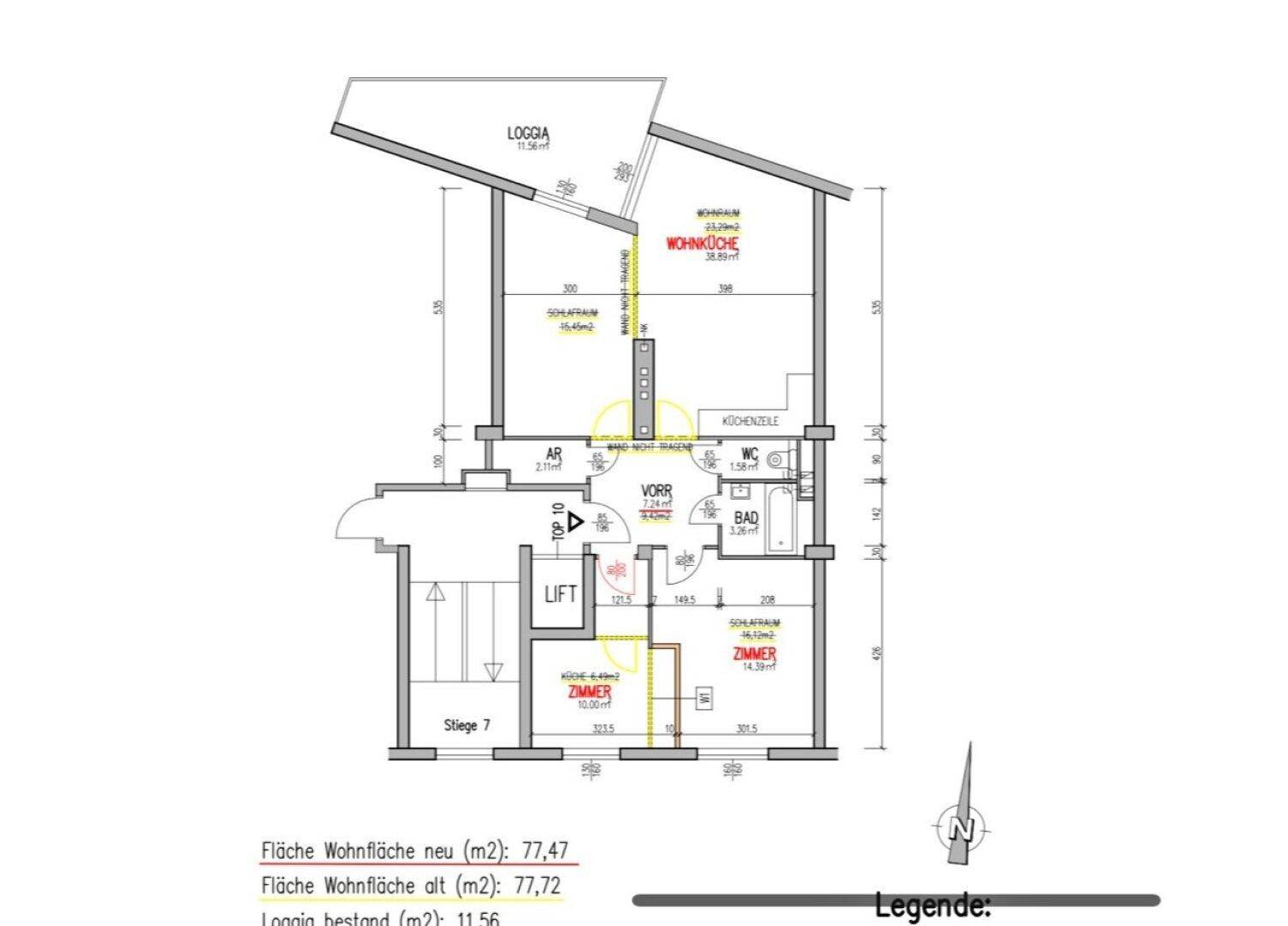 Grundrissplan einer Wohnung mit offener Wohnküche, Loggia und separatem Bad und WC.