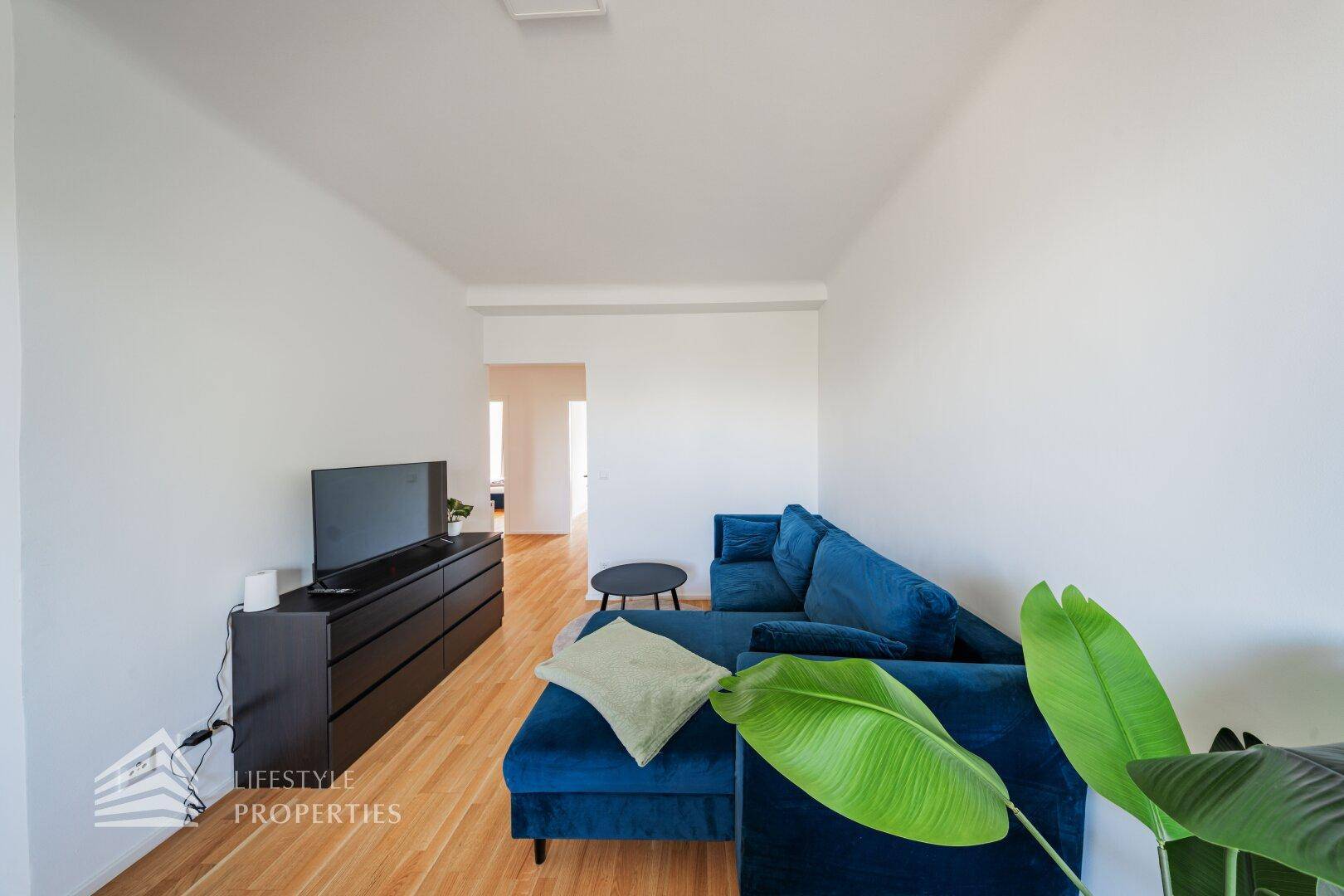 Helles Wohnzimmer mit bequemer blauer Couch, Fernseher und Zugang zu weiteren Räumen.